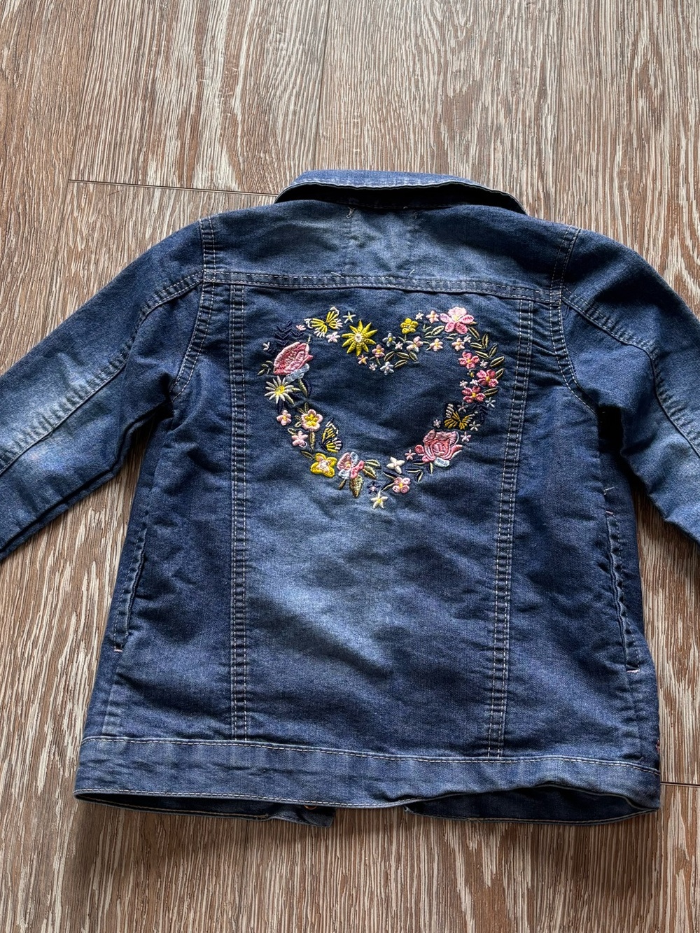 Girls' Navy Denim Jacket with Embroidered Floral Heart
